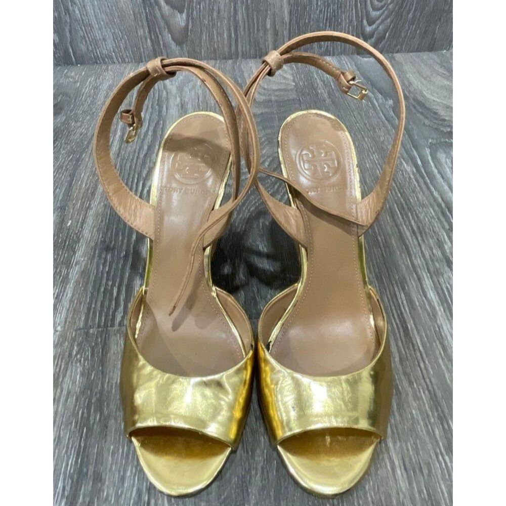Tory Burch Abena Metallic Gold Leather Cork Wedge Sandals Ankle Strap Heels sz 8